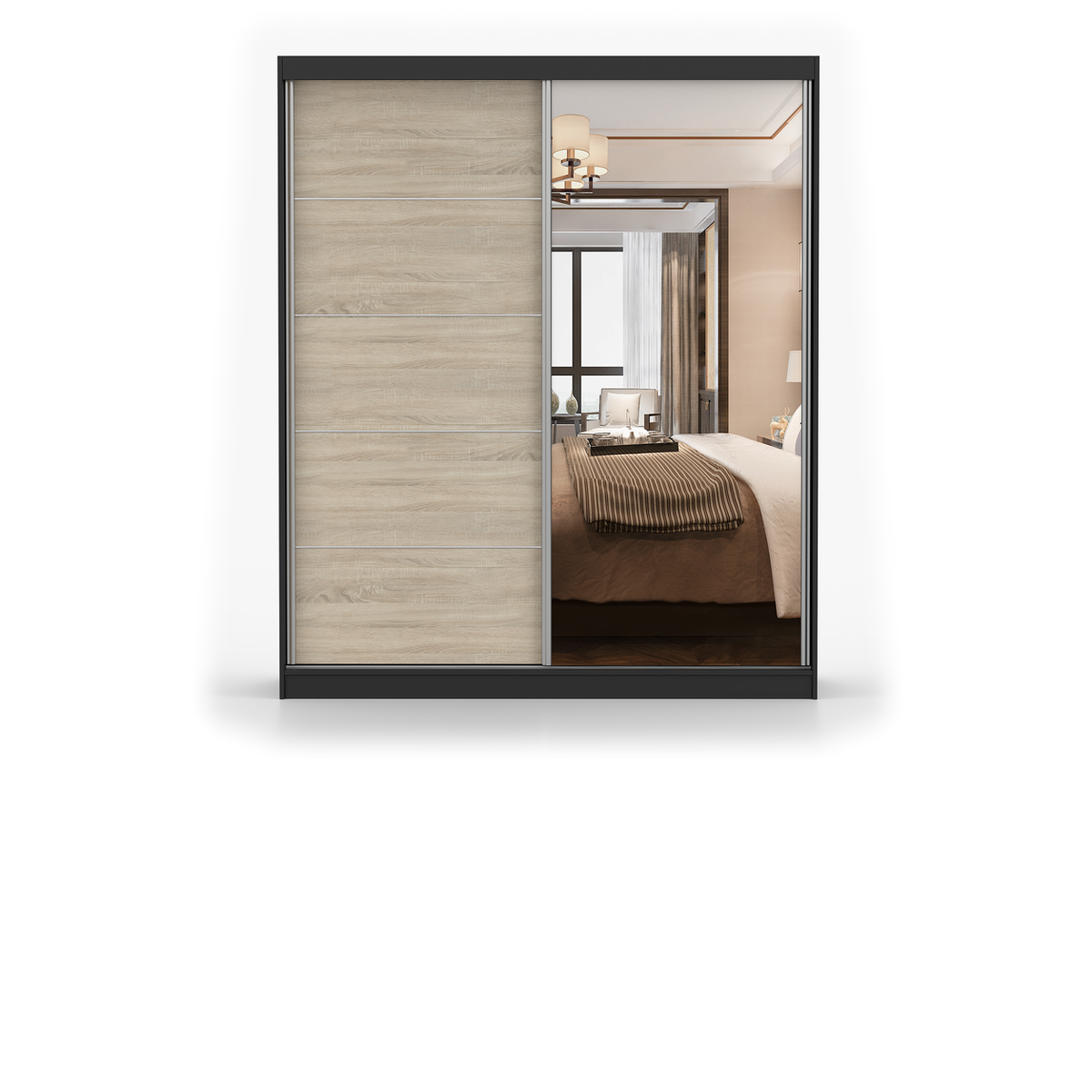BELLA 03 Schwebetürenschrank 183 cm mit Spiegel – Hauptansicht – Schwarz / Sonoma