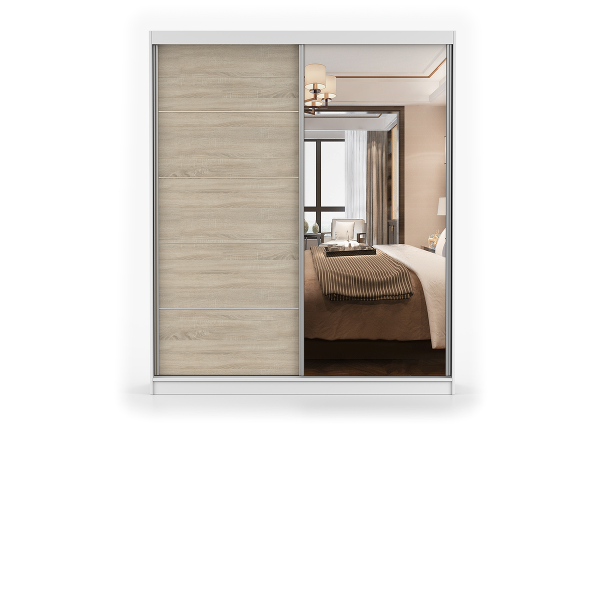 BELLA 03 Schwebetürenschrank 183 cm mit Spiegel – Farbvariante – Weiß / Sonoma
