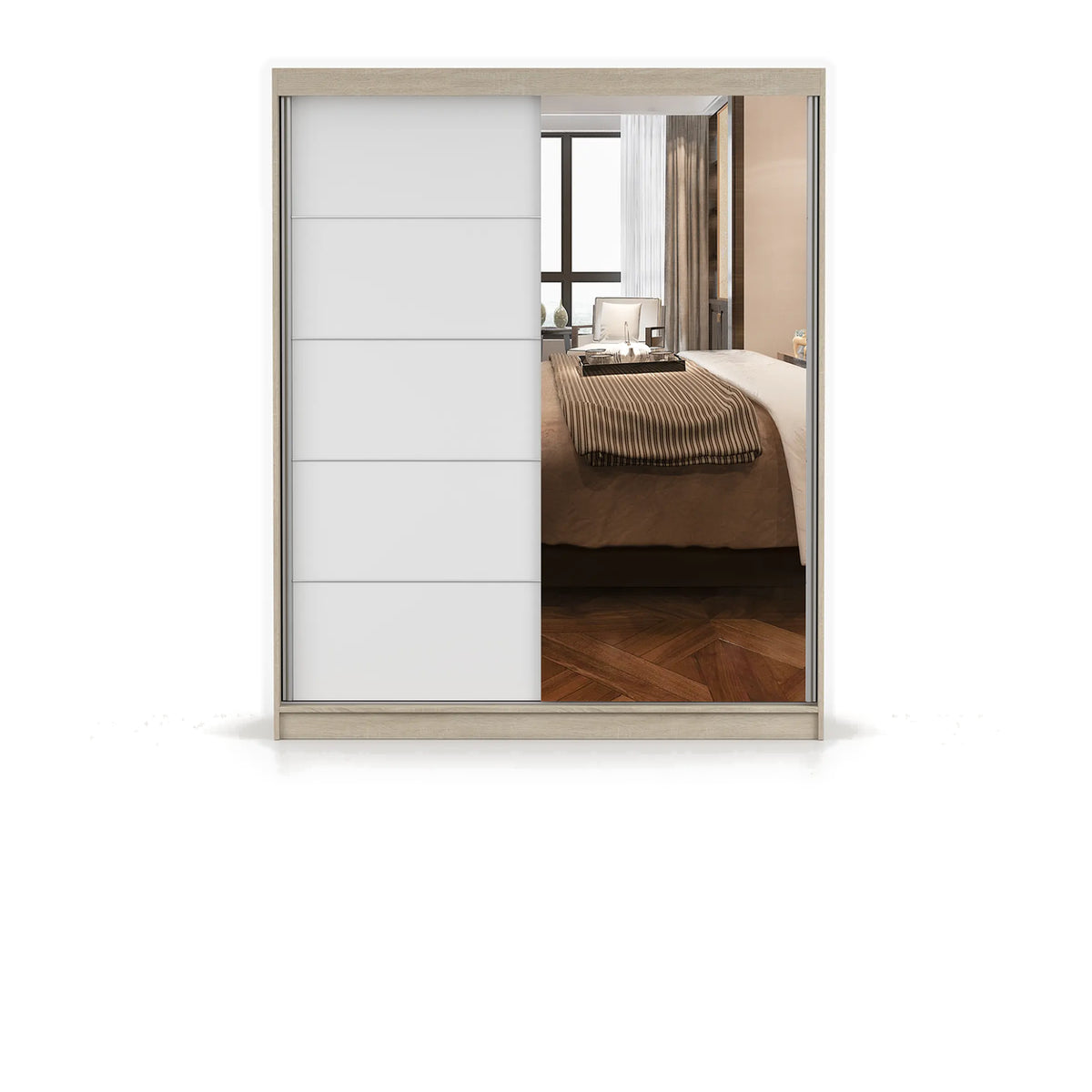 BONO 05 Schwebetürenschrank 160 cm mit Spiegel und Zierleisten – Farbvariante – Sonoma / Weiß