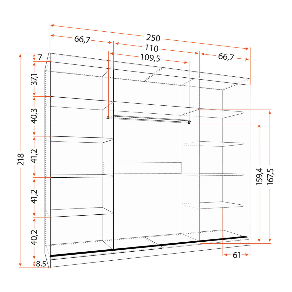 ALBA Schwebetürenschrank 250 cm mit Spiegel – Maße