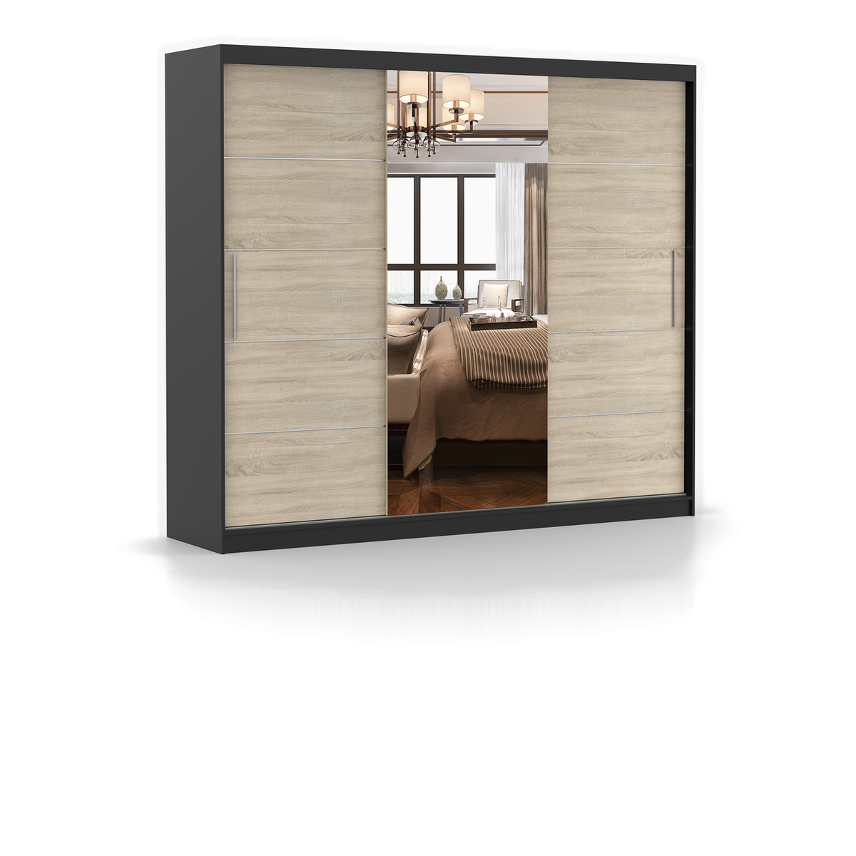 ALBA Schwebetürenschrank 250 cm mit Spiegel – Schwarz - Sonoma