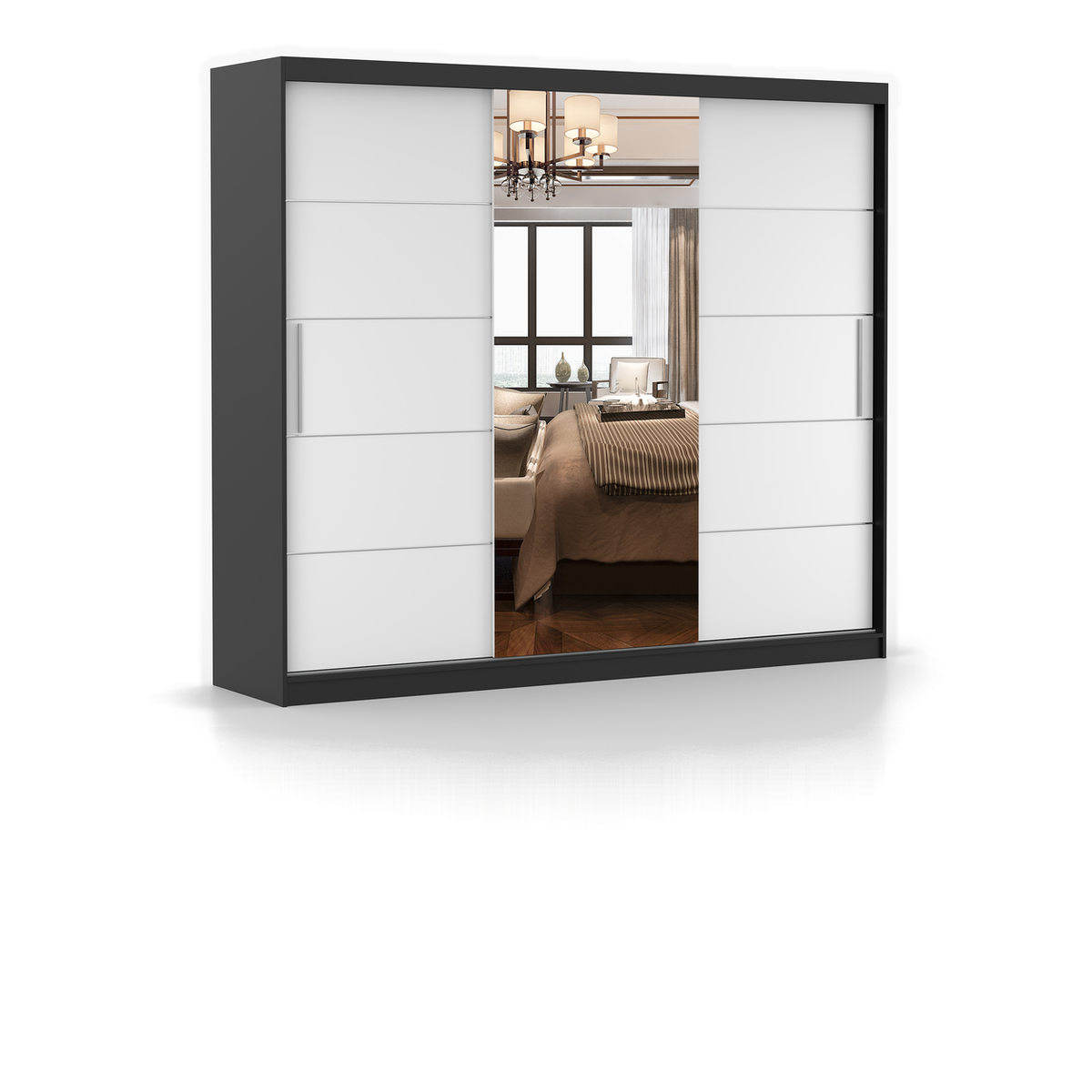 ALBA Schwebetürenschrank 250 cm mit Spiegel – Schwarz - Weiß