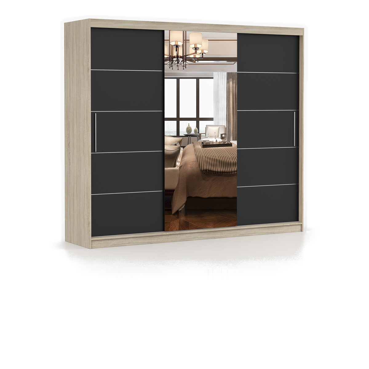 ALBA Schwebetürenschrank 250 cm mit Spiegel – Sonoma - Schwarz