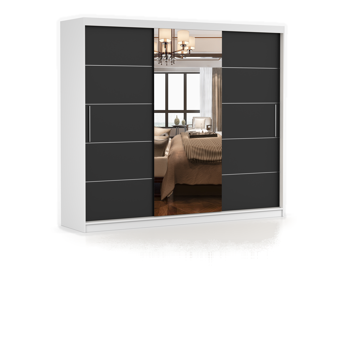 ALBA Schwebetürenschrank 250 cm mit Spiegel – Weiß - Schwarz