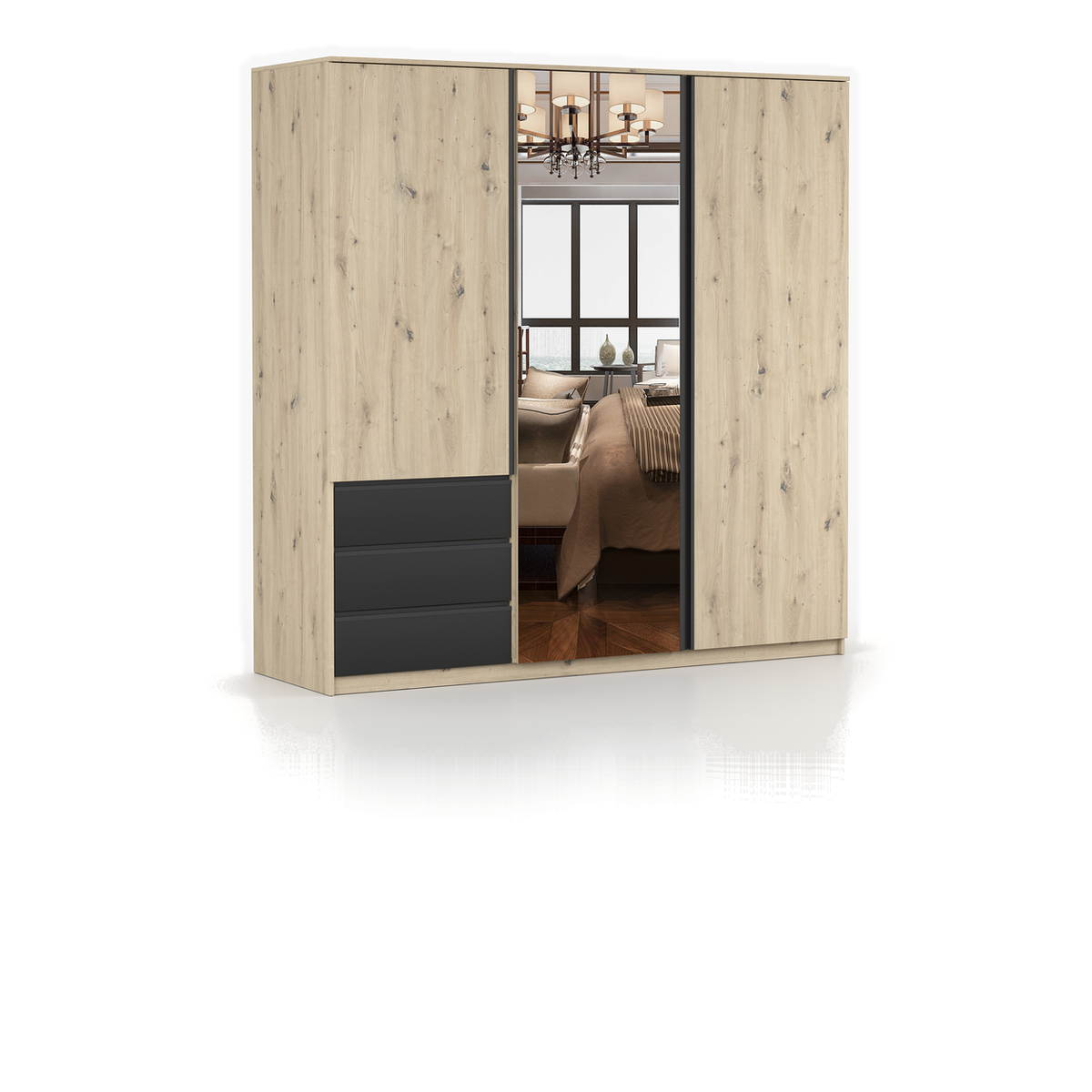 AURA Kleiderschrank 3D3S 180 cm mit Spiegel – Artisan-Eiche / Schwarz – Schrägansicht