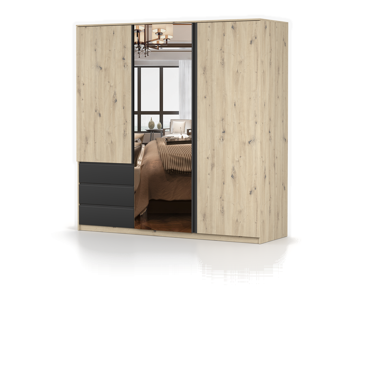 AURA Kleiderschrank 3D3S 180 cm mit Spiegel – Artisan-Eiche / Schwarz – Gegenansicht