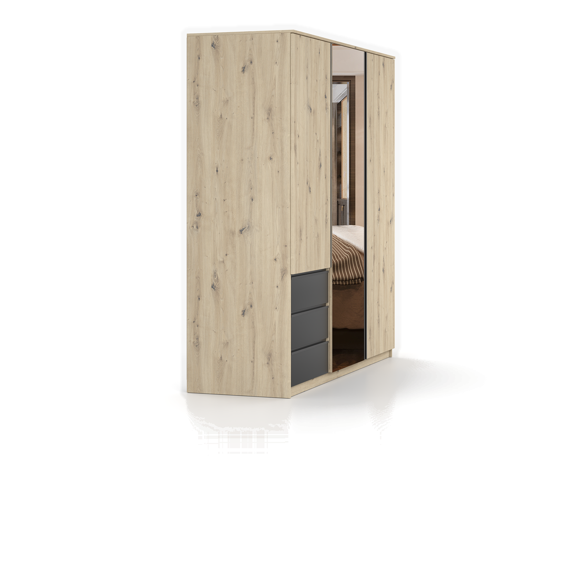 AURA Kleiderschrank 3D3S 180 cm mit Spiegel – Artisan-Eiche / Schwarz – Seitenansicht