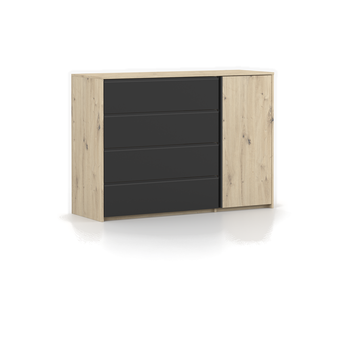 AURA Kommode 1D4S 100 cm – Artisan-Eiche / Schwarz – Schrägansicht links