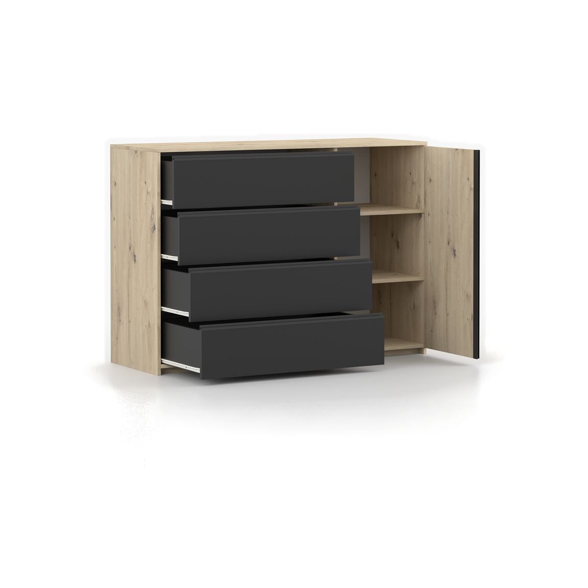 AURA Kommode 1D4S 100 cm – Artisan-Eiche / Schwarz – Geöffnete Tür und Schubladen