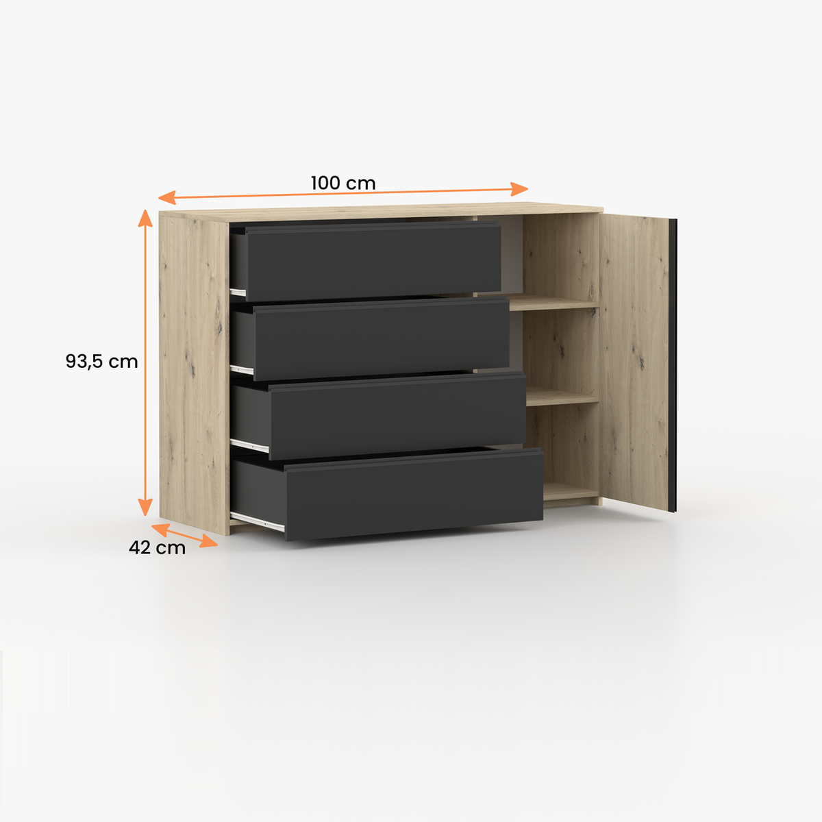AURA Kommode 1D4S 100 cm – Artisan-Eiche / Schwarz – Vermassung: Außenmaße 100 × 93,5 × 42 cm