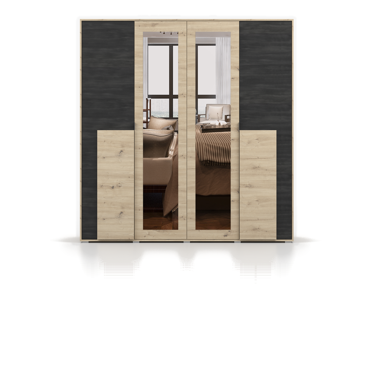 BAFRA Kleiderschrank 4D 200 cm mit Spiegel – Artisan-Eiche / Kiefer Schwarz – Vorderansicht