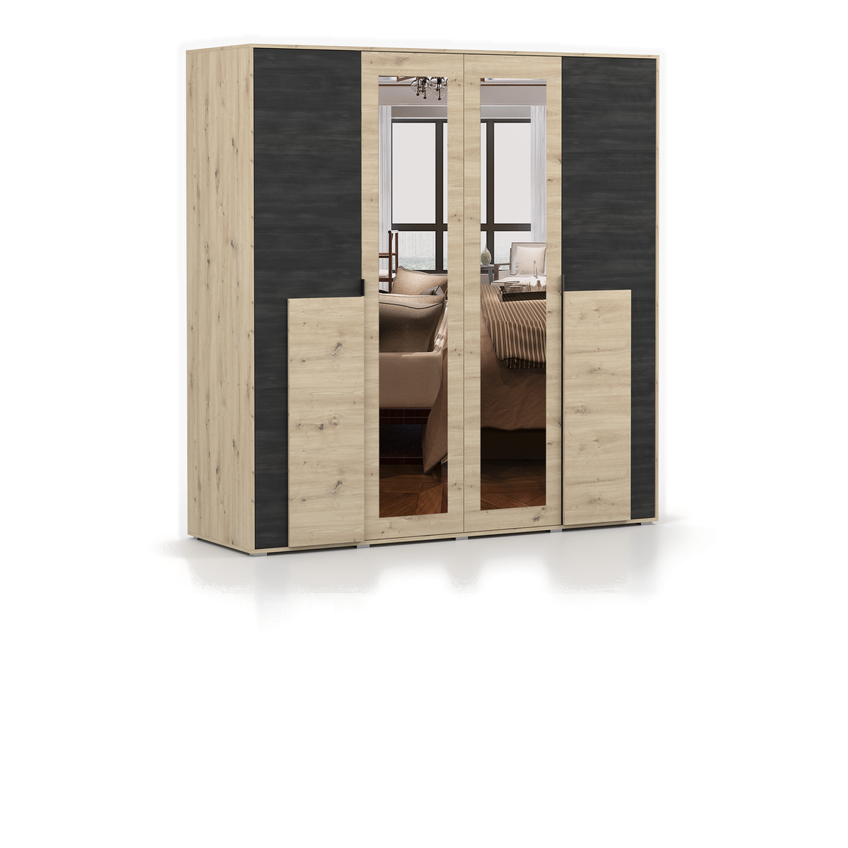BAFRA Kleiderschrank 4D 200 cm mit Spiegel – Artisan-Eiche / Kiefer Schwarz – Schrägansicht