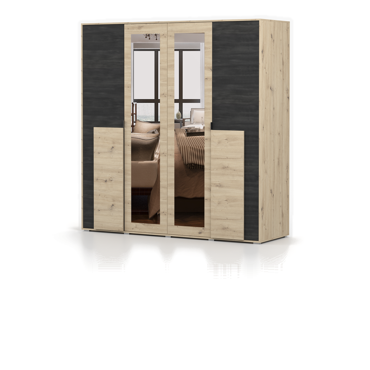 BAFRA Kleiderschrank 4D 200 cm mit Spiegel – Artisan-Eiche / Kiefer Schwarz – Gegenansicht