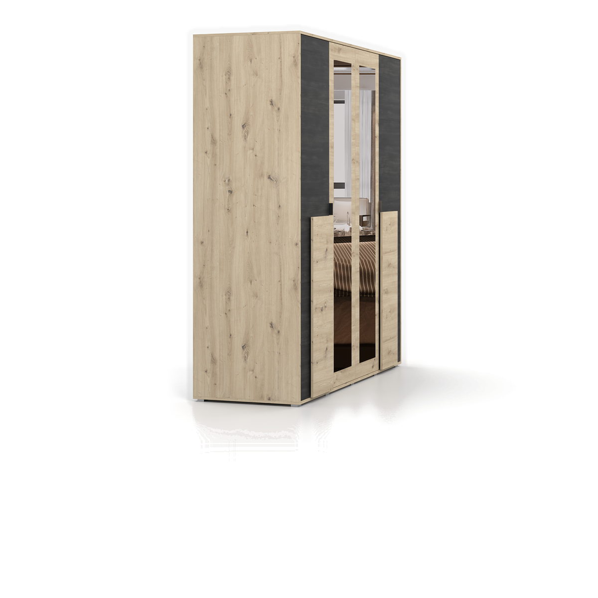 BAFRA Kleiderschrank 4D 200 cm mit Spiegel – Artisan-Eiche / Kiefer Schwarz – Seitenansicht