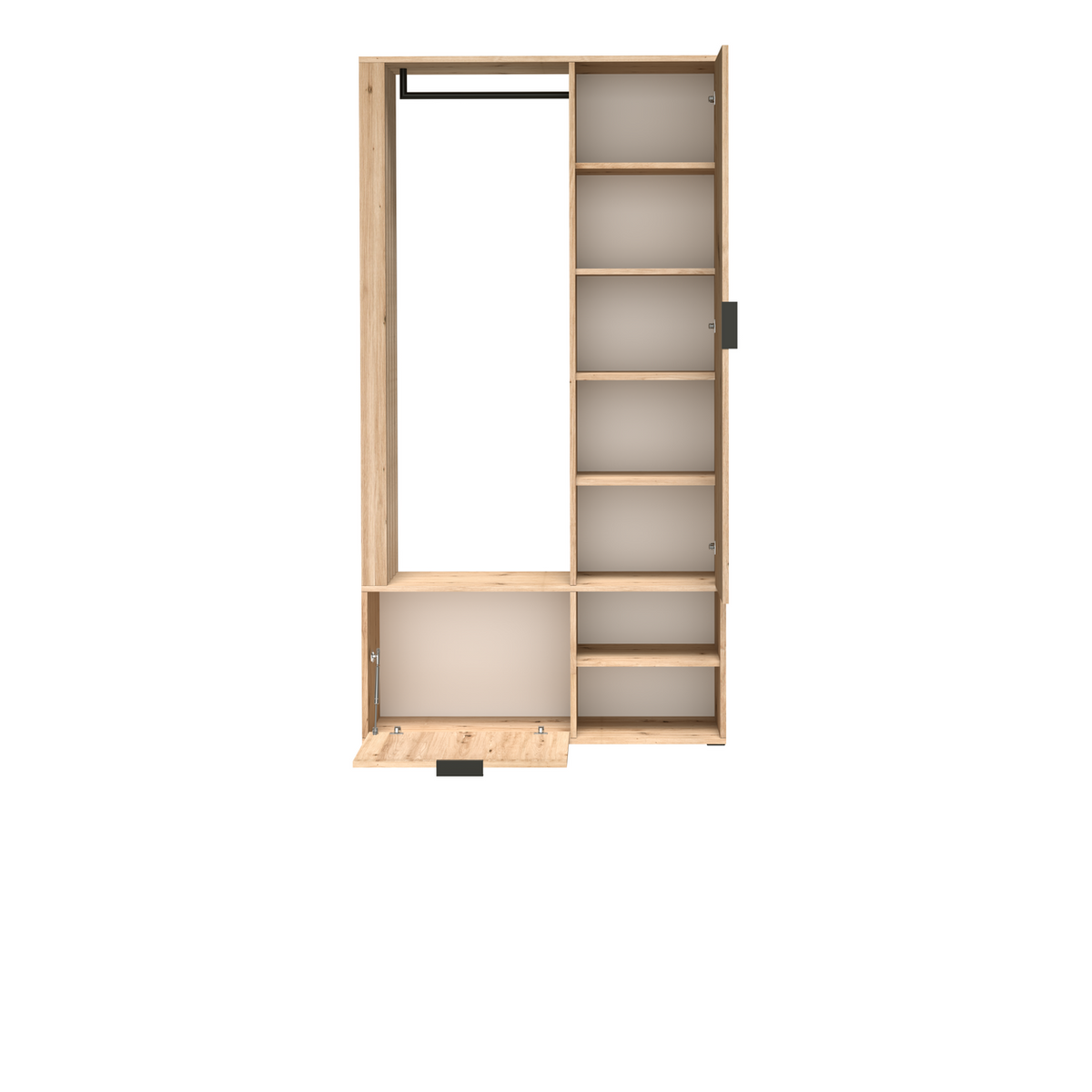 CALUVEO Garderobe 100 cm – Artisan-Eiche-Dekor – Innenansicht geöffnet