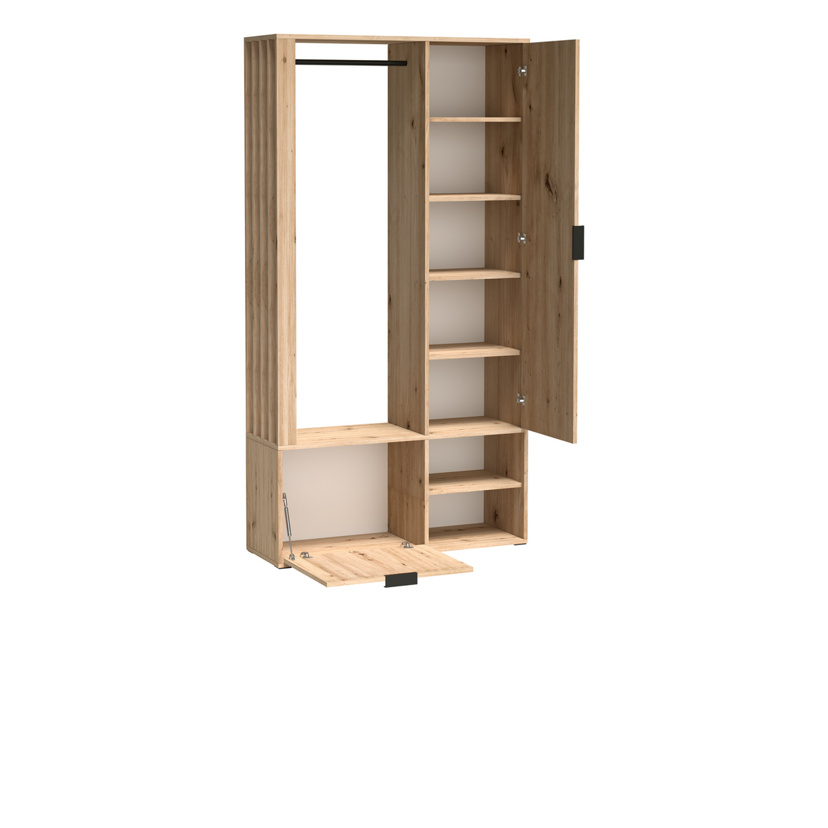 CALUVEO Garderobe 100 cm – Artisan-Eiche-Dekor – Innenansicht geöffnet