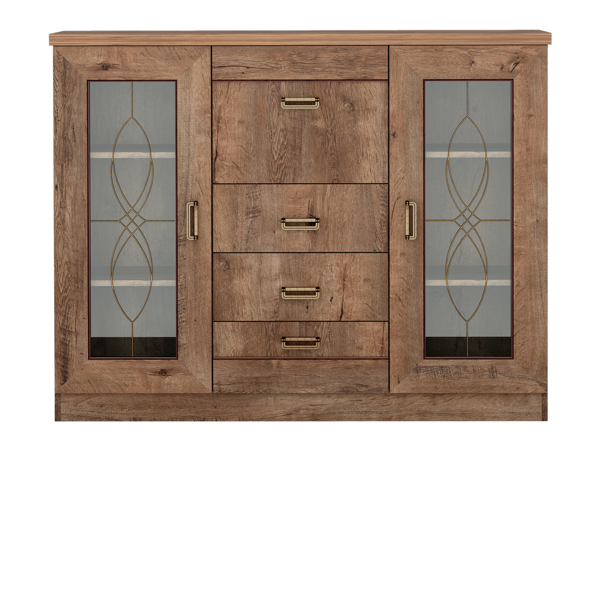 DARUNEO Vitrinen-Highboard 140 cm – Lefkas-Eiche-Dekor – Vorderansicht