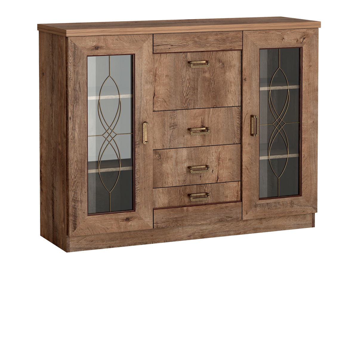 DARUNEO Vitrinen-Highboard 140 cm – Lefkas-Eiche-Dekor – Weitere Ansicht