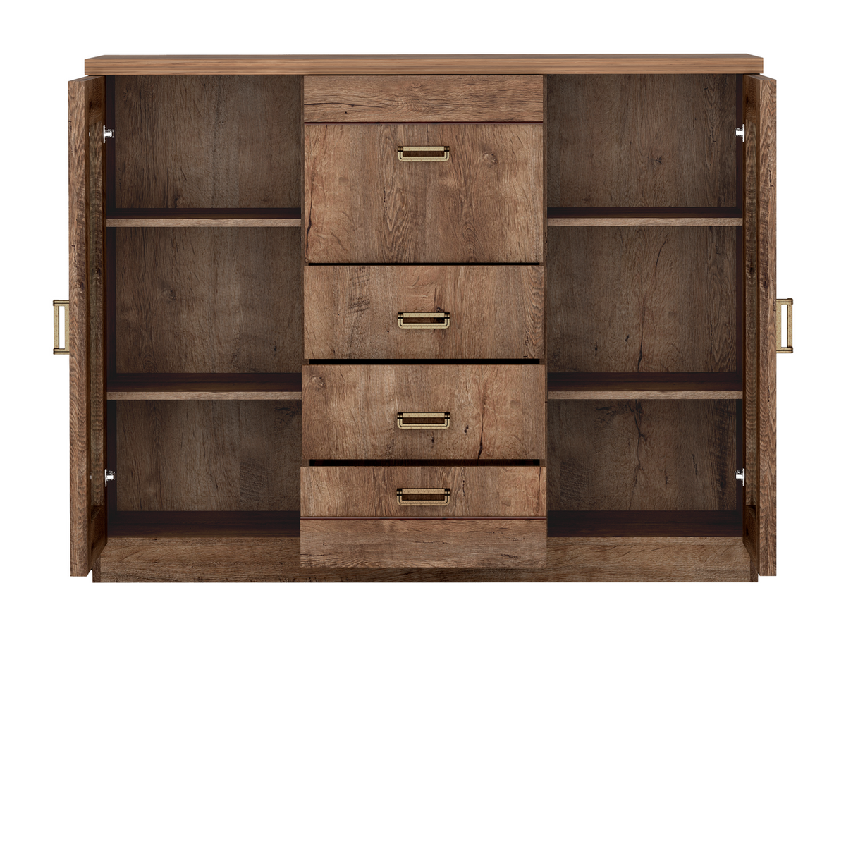 DARUNEO Vitrinen-Highboard 140 cm – Lefkas-Eiche-Dekor – Innenansicht geöffnet