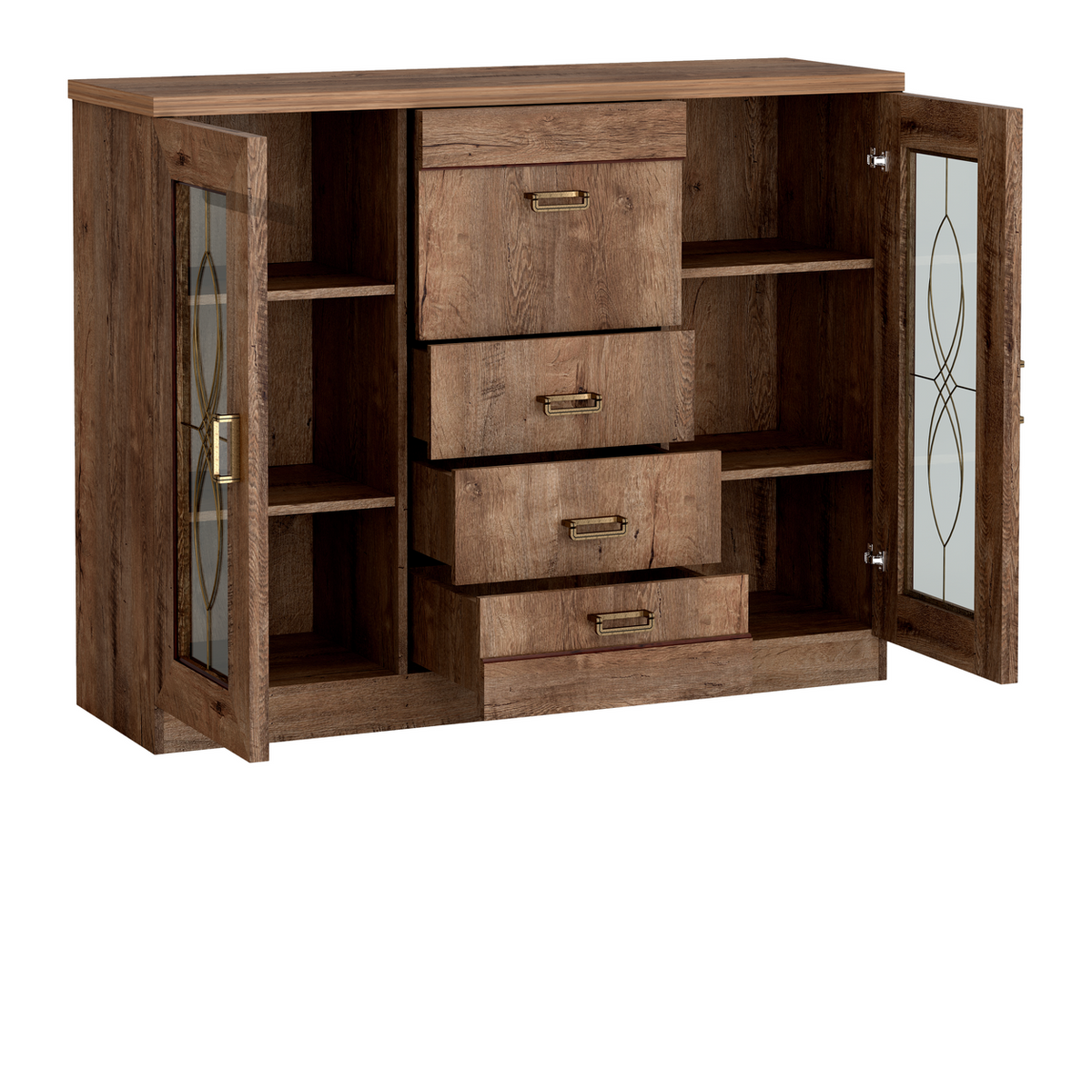DARUNEO Vitrinen-Highboard 140 cm – Lefkas-Eiche-Dekor – Innenansicht geöffnet