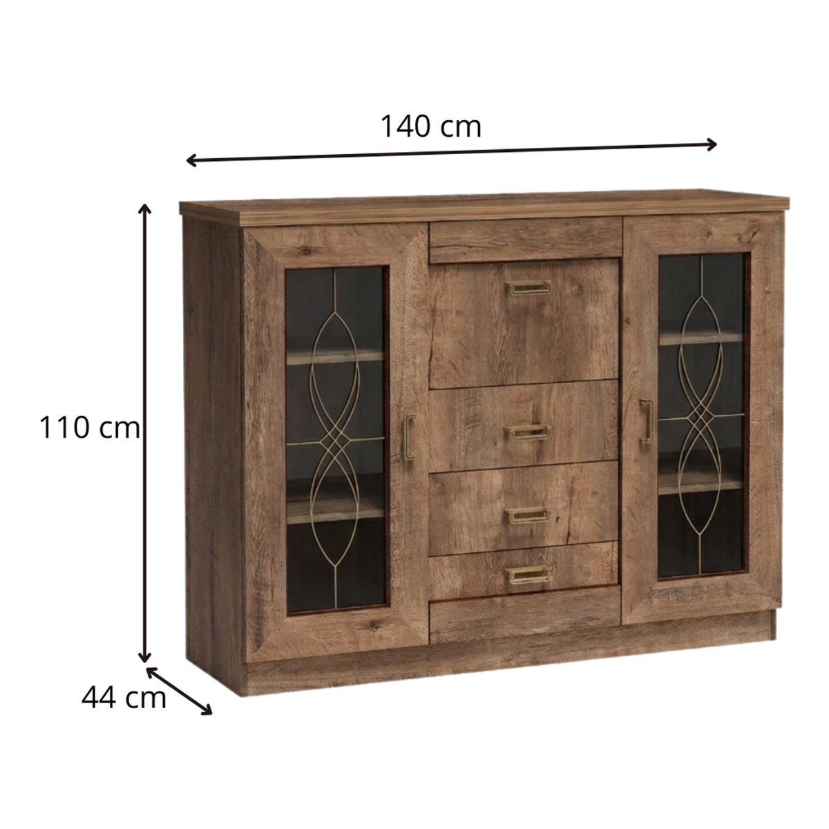 DARUNEO Vitrinen-Highboard 140 cm – Maße (Breite, Tiefe und Höhe)