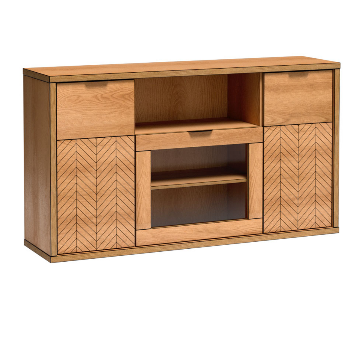 FELNIA Vitrinenkommode 158 cm – Karamell-Eiche-Dekor – Vorderansicht