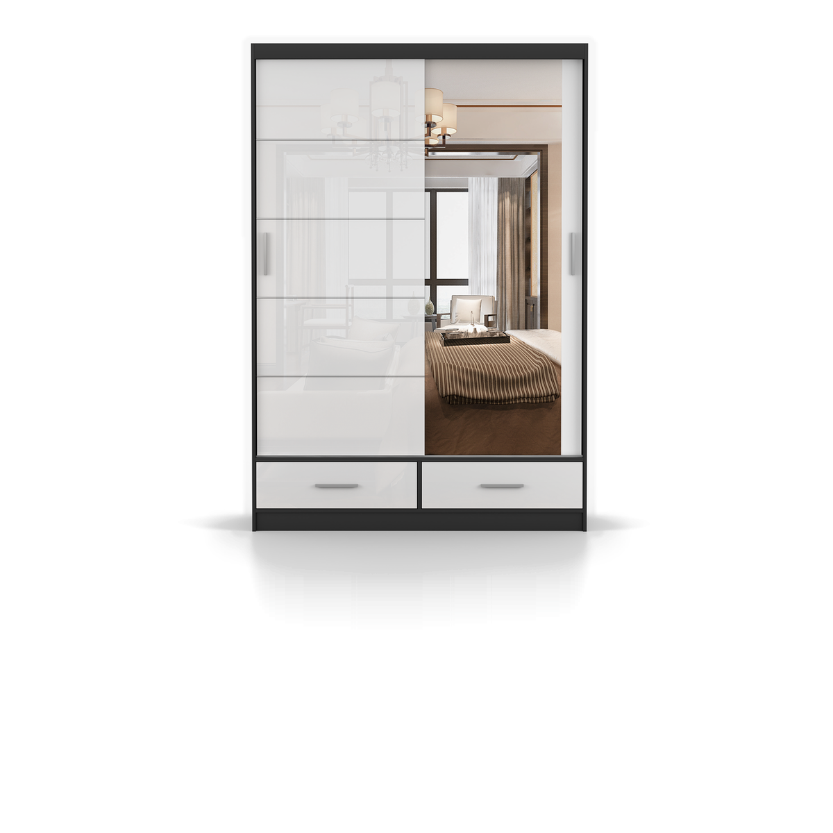 FLORENCE 2D Schwebetürenschrank 150 cm – Weiß Hochglanz – Schwarz - Weiß Hochglanz