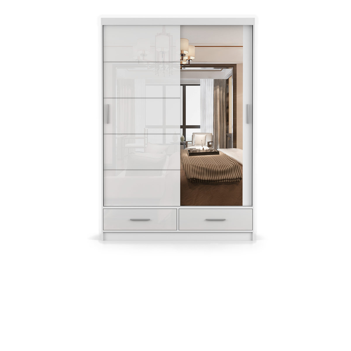 FLORENCE 2D Schwebetürenschrank 150 cm – Weiß Hochglanz – Weiß Hochglanz