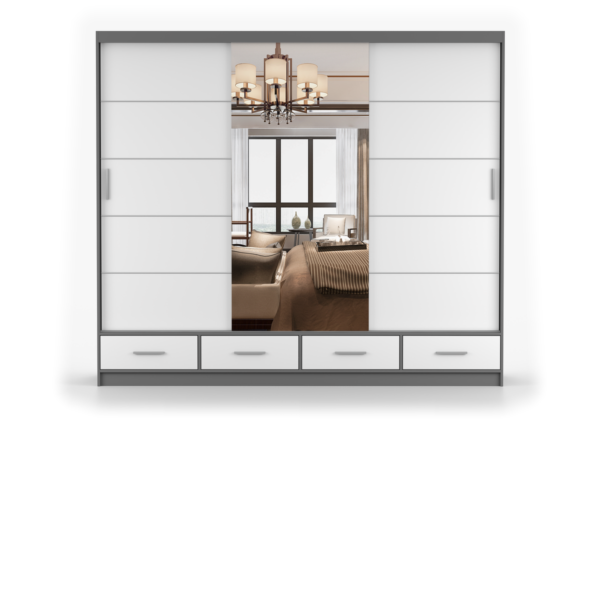 FLORENCE 3D Schwebetürenschrank 250 cm – Matt – Grau - Weiß