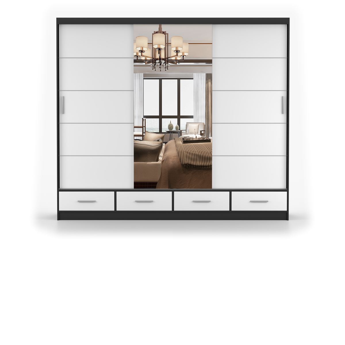 FLORENCE 3D Schwebetürenschrank 250 cm – Matt – Schwarz - Weiß