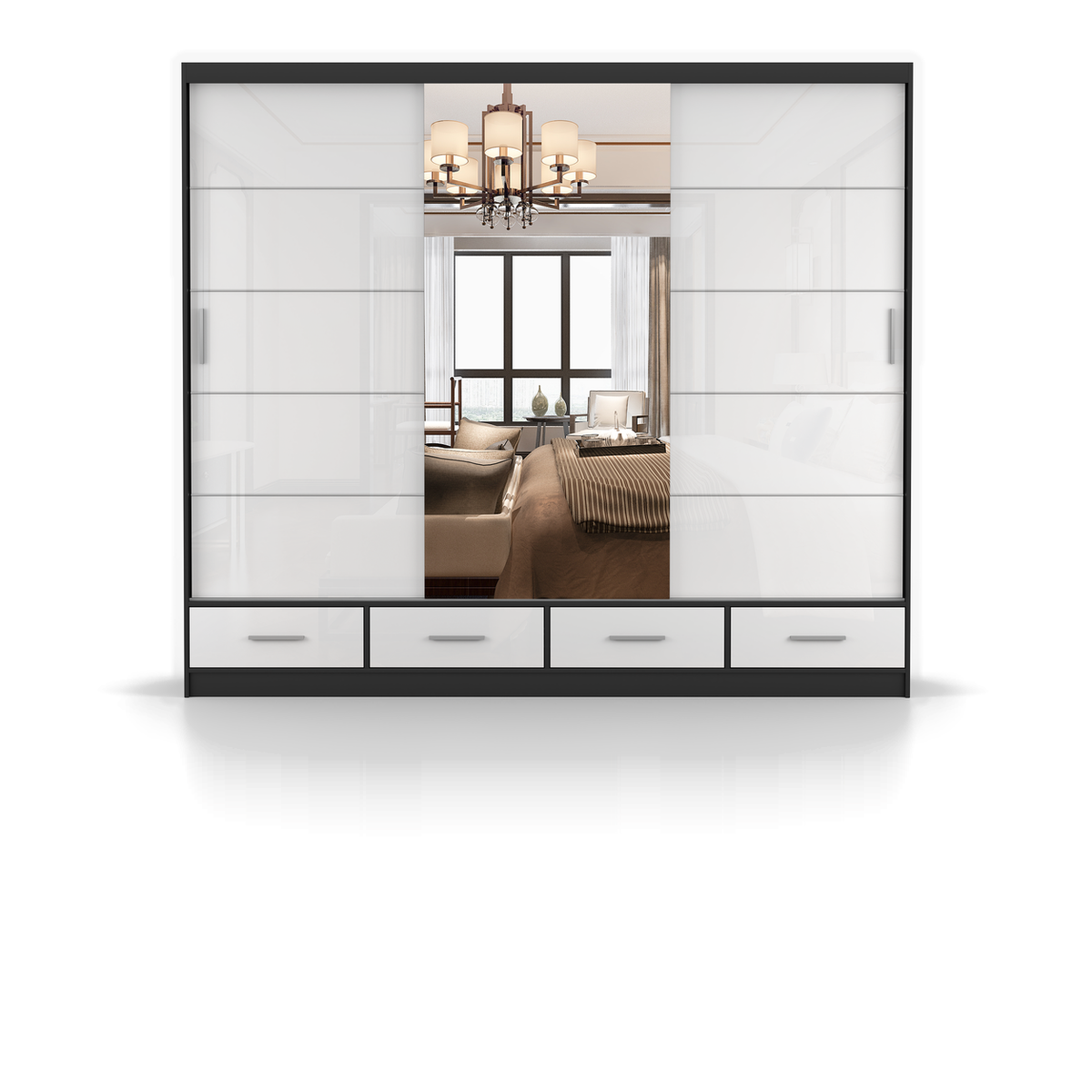 FLORENCE 3D Schwebetürenschrank 250 cm – Weiß Hochglanz – Schwarz - Weiß Hochglanz