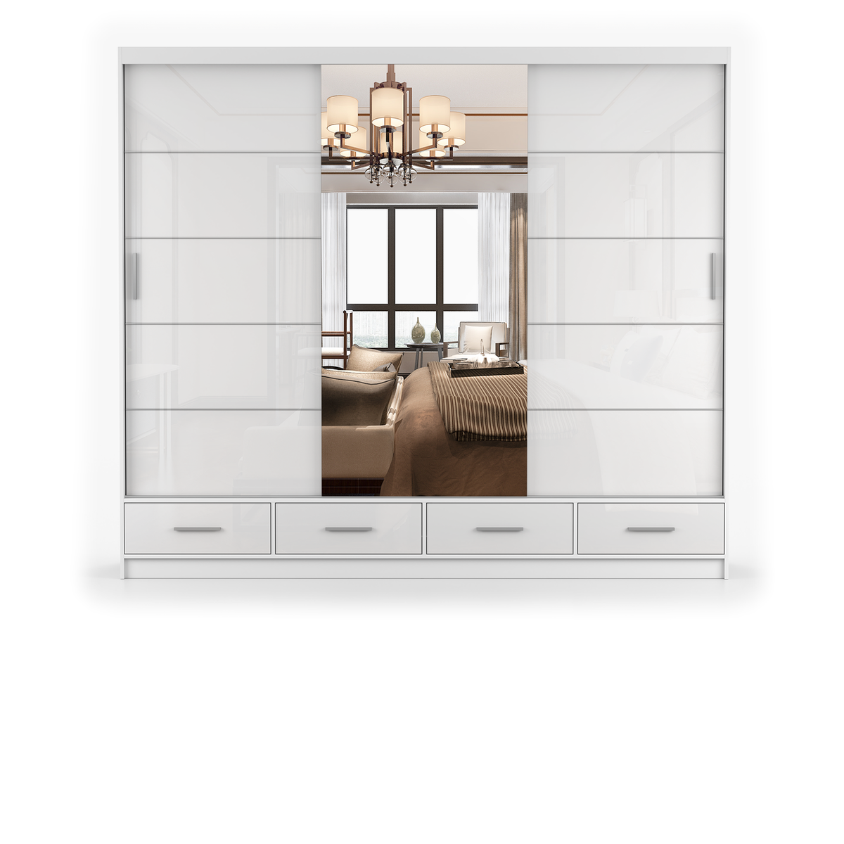 FLORENCE 3D Schwebetürenschrank 250 cm – Weiß Hochglanz – Weiß Hochglanz