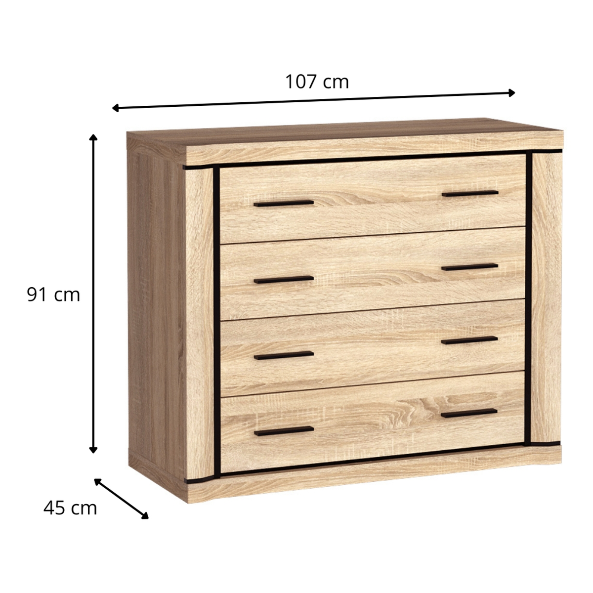 JORVEO Schubladenkommode 107 cm – Maße (Breite, Tiefe und Höhe)