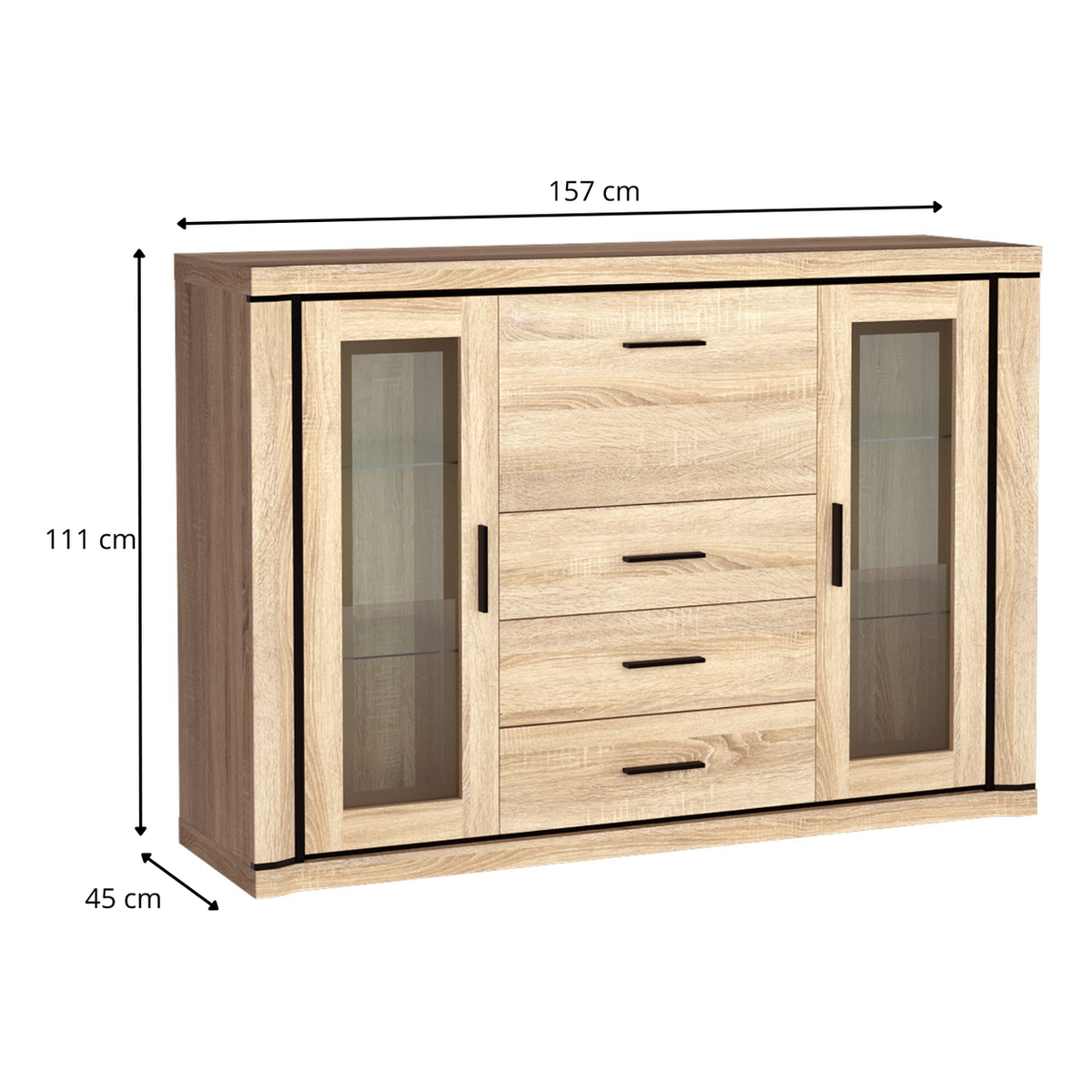 JORVEO Vitrinenkommode 157 cm – Maße (Breite, Tiefe und Höhe)