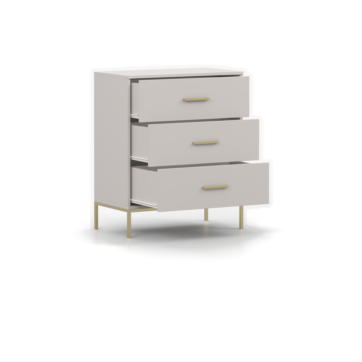 KASZMIR Kommode 3S 70 cm – Kaschmir / Gold – Geöffnete Schubladen