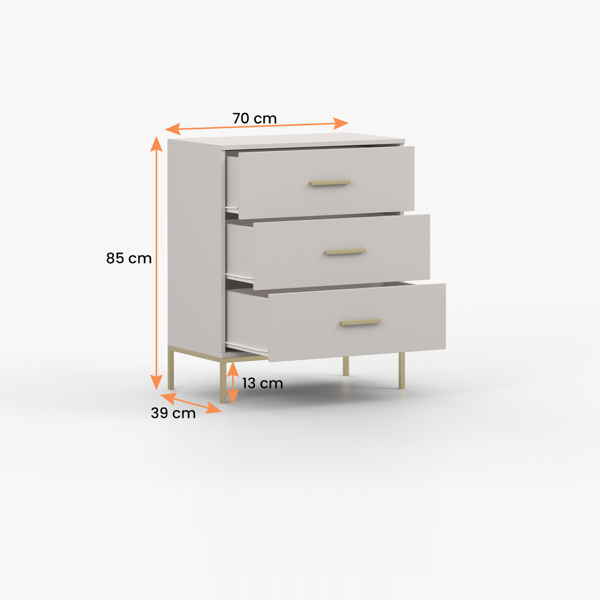 KASZMIR Kommode 3S 70 cm – Kaschmir / Gold – Vermassung