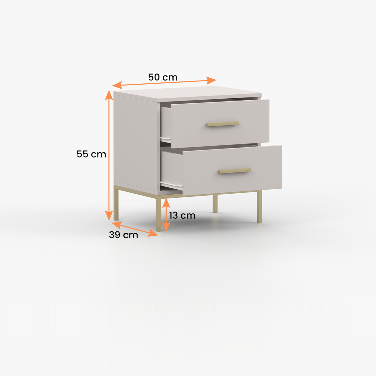 KASZMIR Nachttisch 50 cm – Kaschmir / Gold – Vermassung
