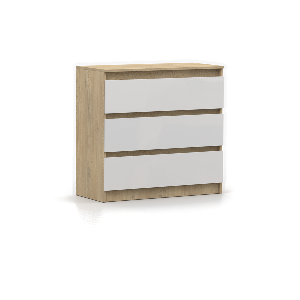 LORIS Kommode 3S 90 cm – Cremona-Eiche / Weiß Hochglanz – Schrägansicht links