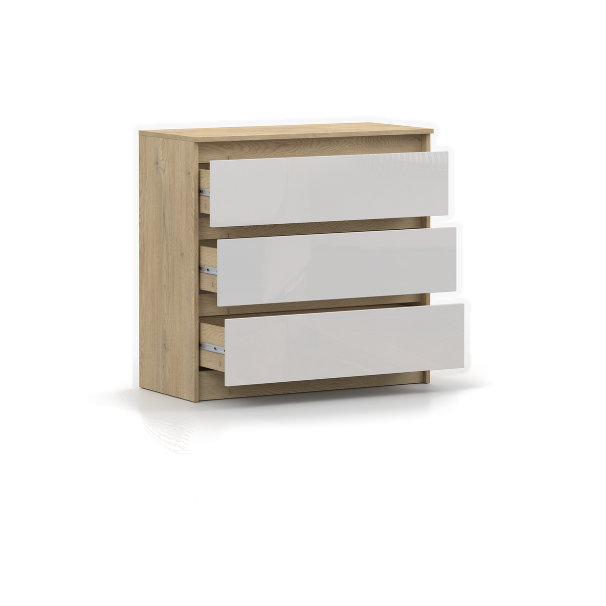 LORIS Kommode 3S 90 cm – Cremona-Eiche / Weiß Hochglanz – Geöffnete Schubladen