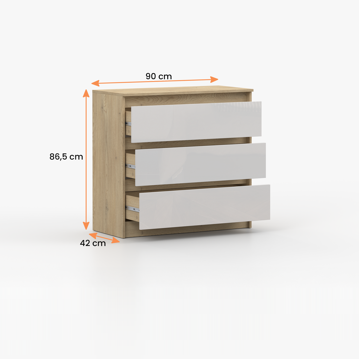 LORIS Kommode 3S 90 cm – Cremona-Eiche / Weiß Hochglanz – Vermassung
