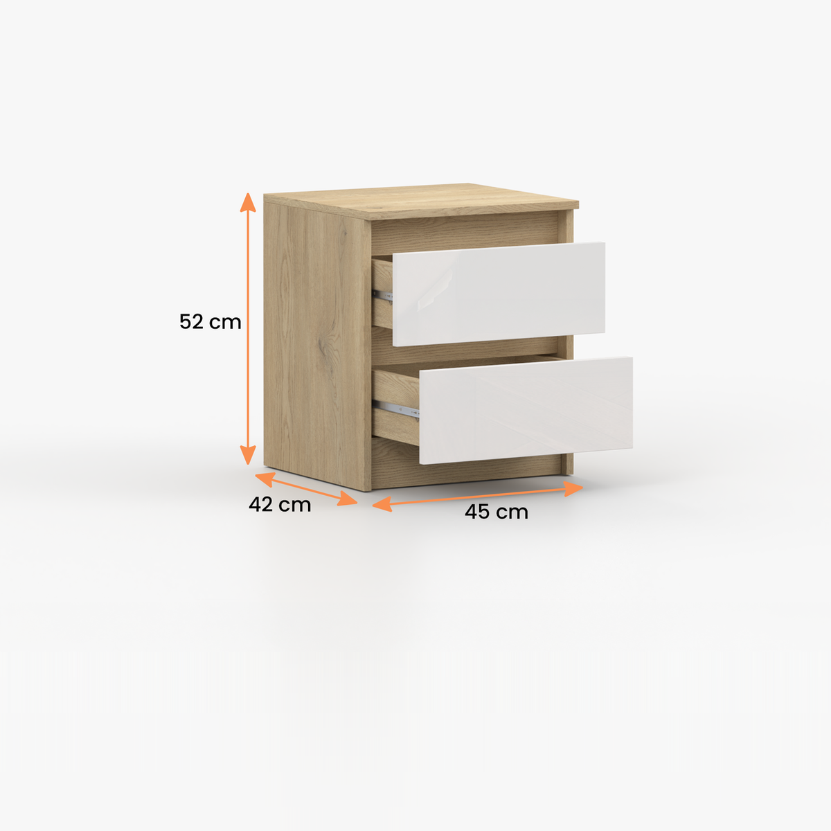 LORIS Nachttisch 45 cm – Cremona-Eiche / Weiß Hochglanz – Vermassung
