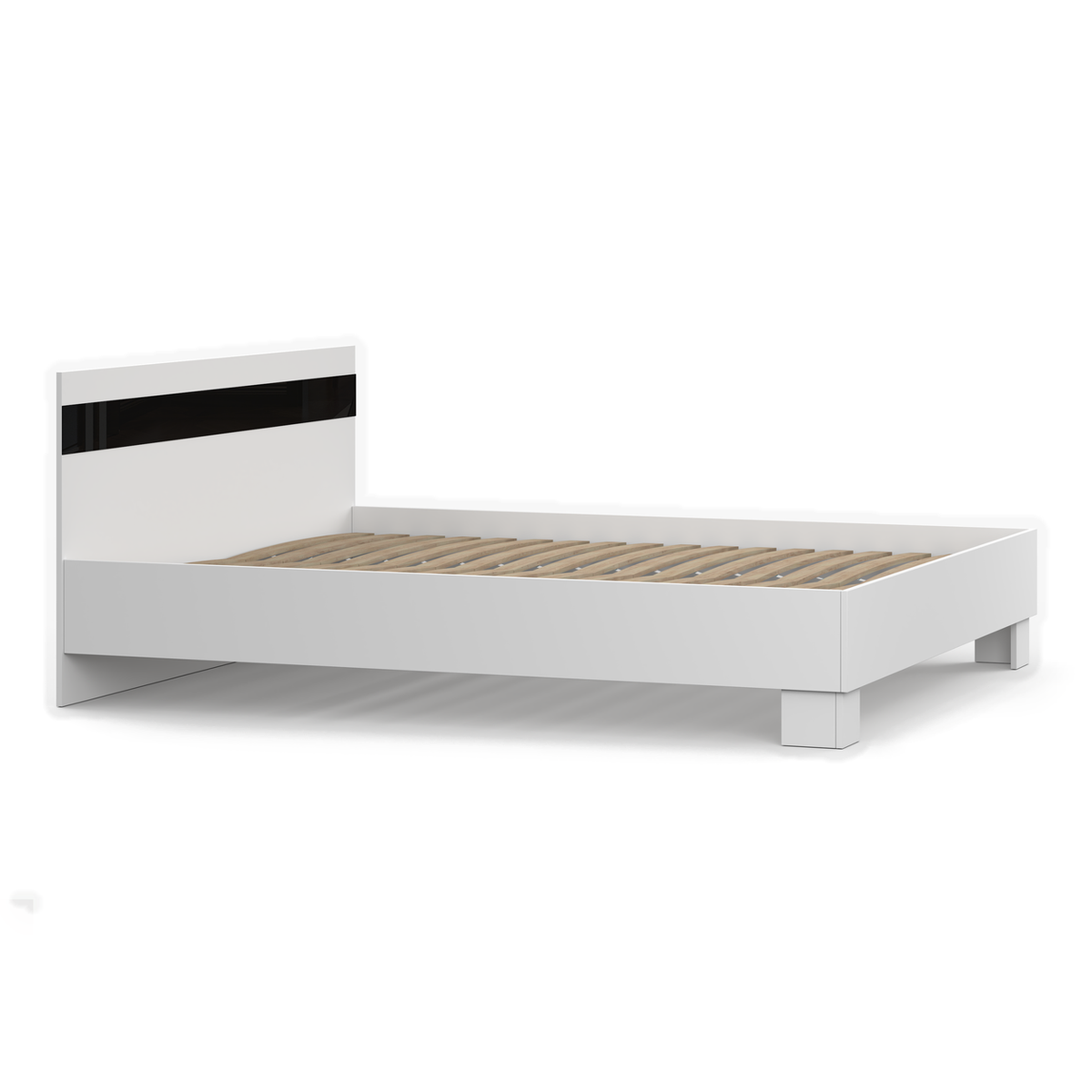 LUCCA Bett 160 × 200 cm – Weiß / Schwarz – Ansicht mit Lattenrost ohne Matratze