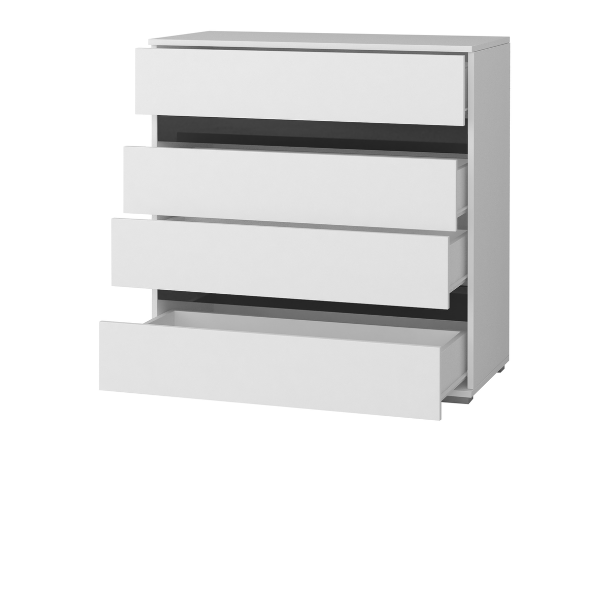 LUCCA Kommode 4S 90 cm – Weiß / Schwarz Hochglanz – Geöffnete Schubladen