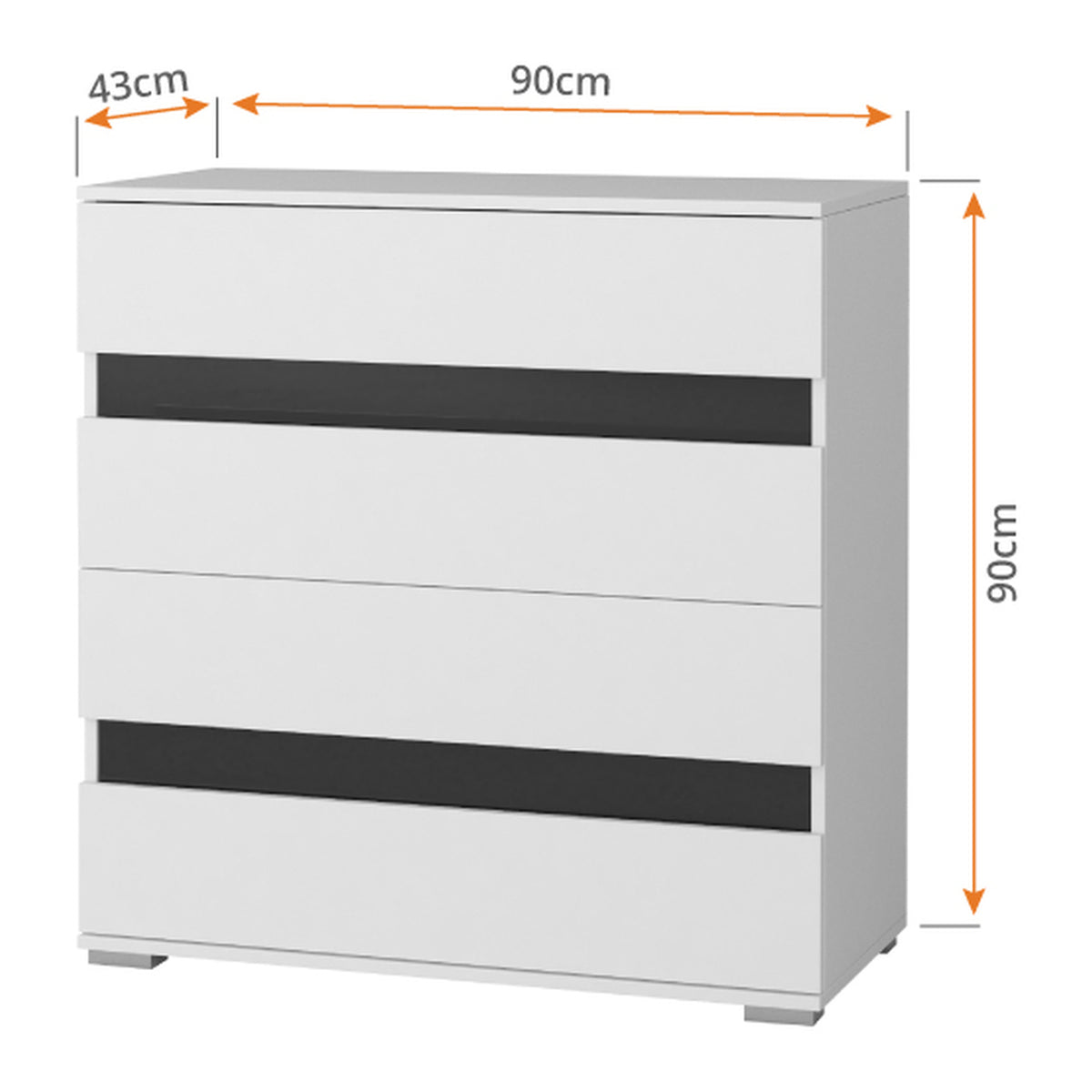 LUCCA Kommode 4S 90 cm – Weiß / Schwarz Hochglanz – Vermassung