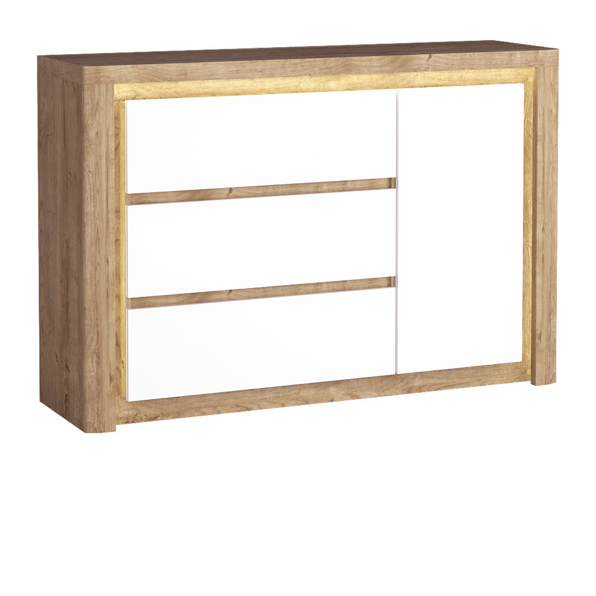 MERUNEO Kommode 114 cm – Ribbeck / Weiß Hochglanz-Dekor – Ansicht mit eingeschalteter LED-Beleuchtung