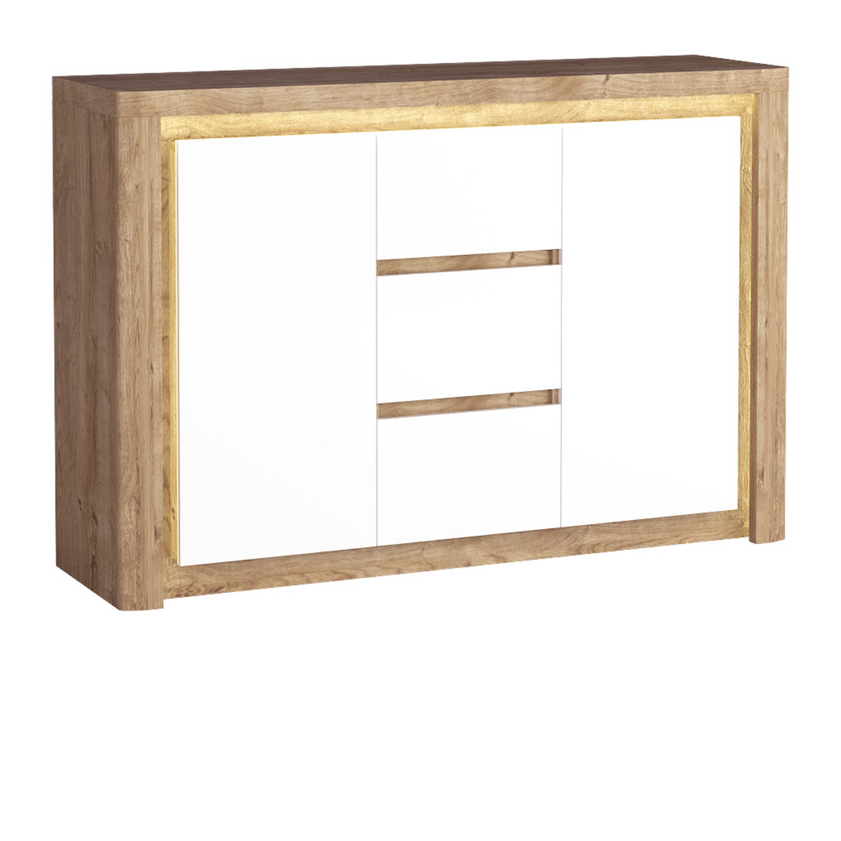 MERUNEO Kommode 144 cm – Ribbeck / Weiß Hochglanz-Dekor – Ansicht mit eingeschalteter LED-Beleuchtung