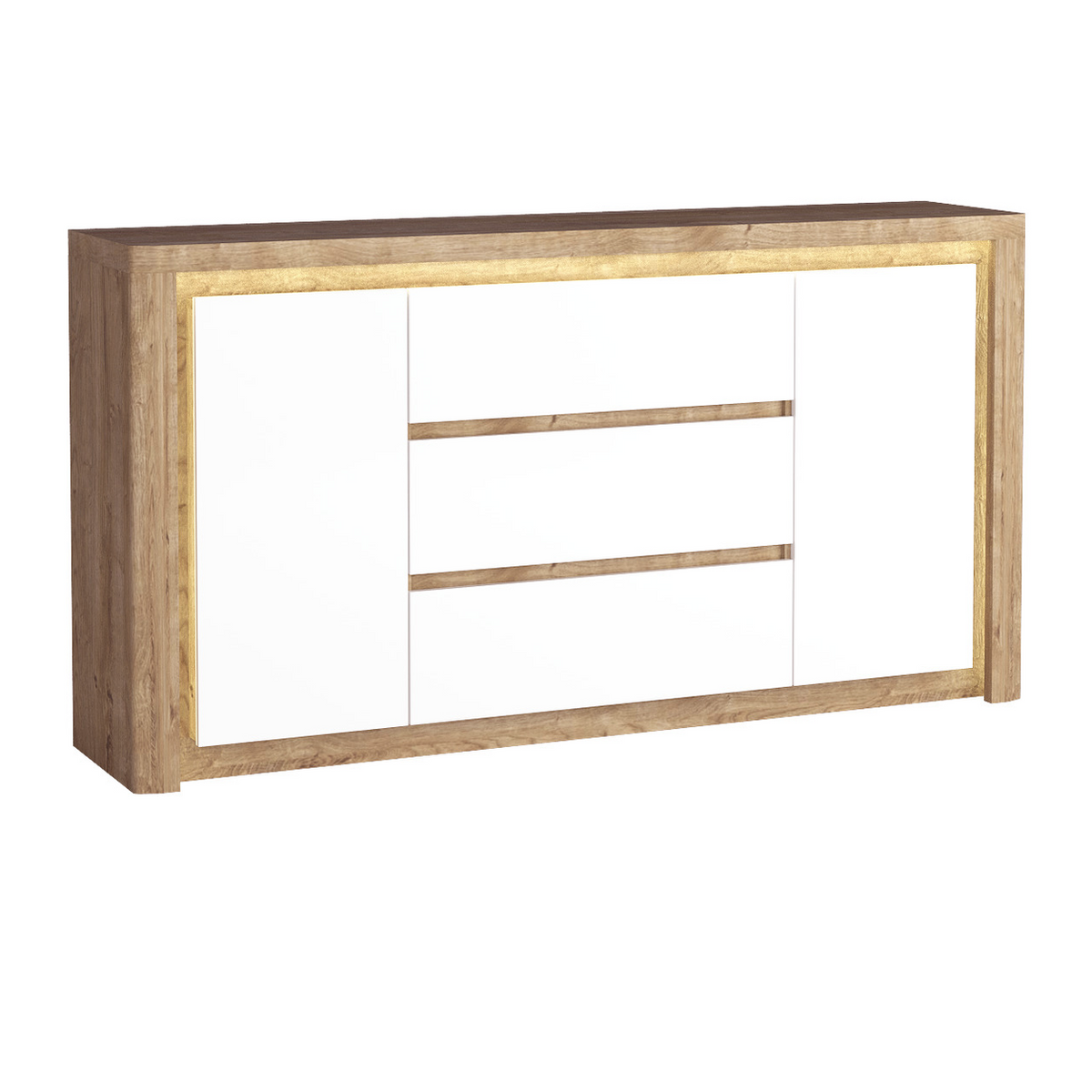 MERUNEO Kommode 184 cm – Ribbeck / Weiß Hochglanz-Dekor – Ansicht mit eingeschalteter LED-Beleuchtung