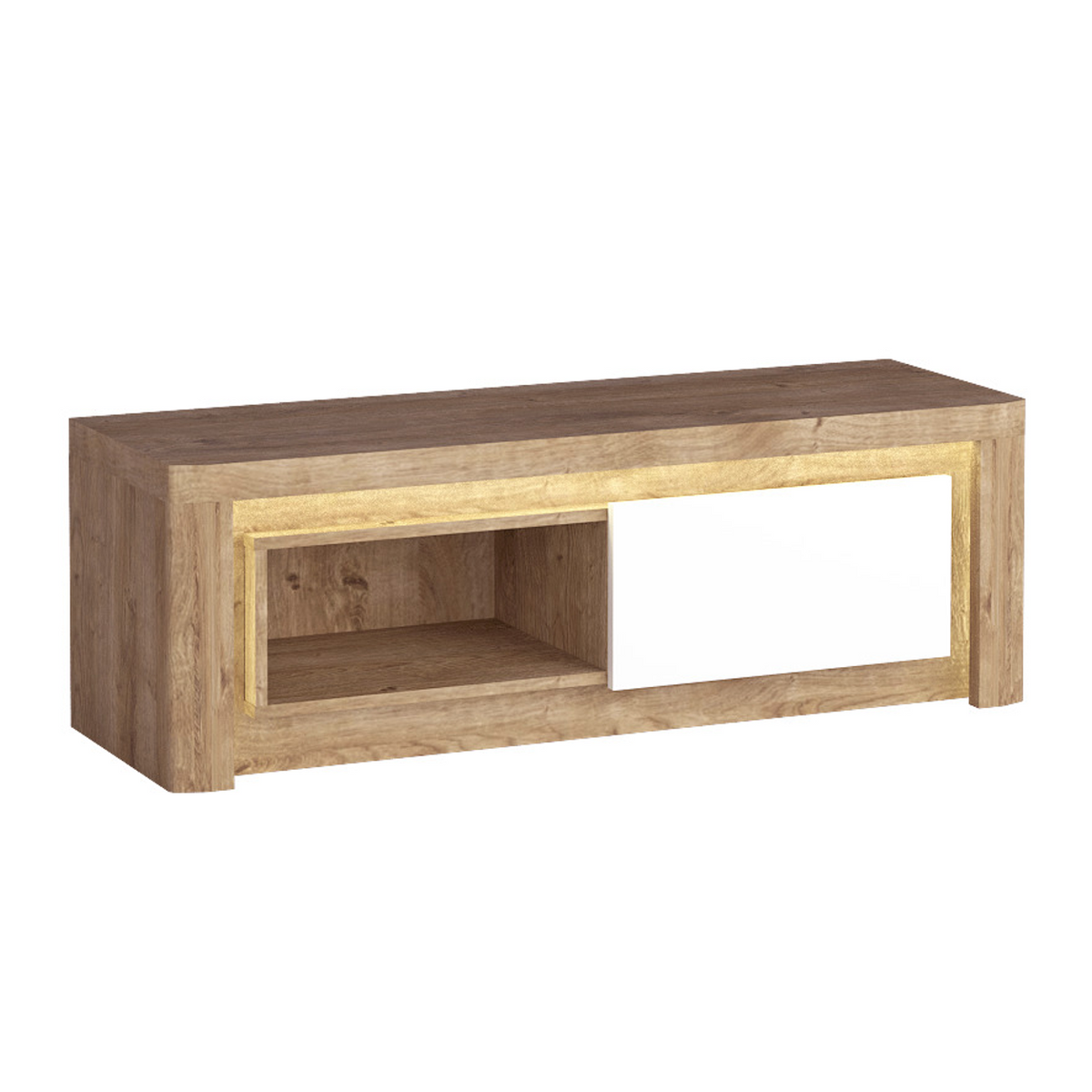 MERUNEO TV-Board 124 cm – Ribbeck / Weiß Hochglanz-Dekor – Ansicht mit eingeschalteter LED-Beleuchtung