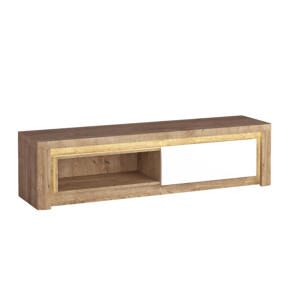 MERUNEO TV-Board 162 cm – Ribbeck / Weiß Hochglanz-Dekor – Ansicht mit eingeschalteter LED-Beleuchtung