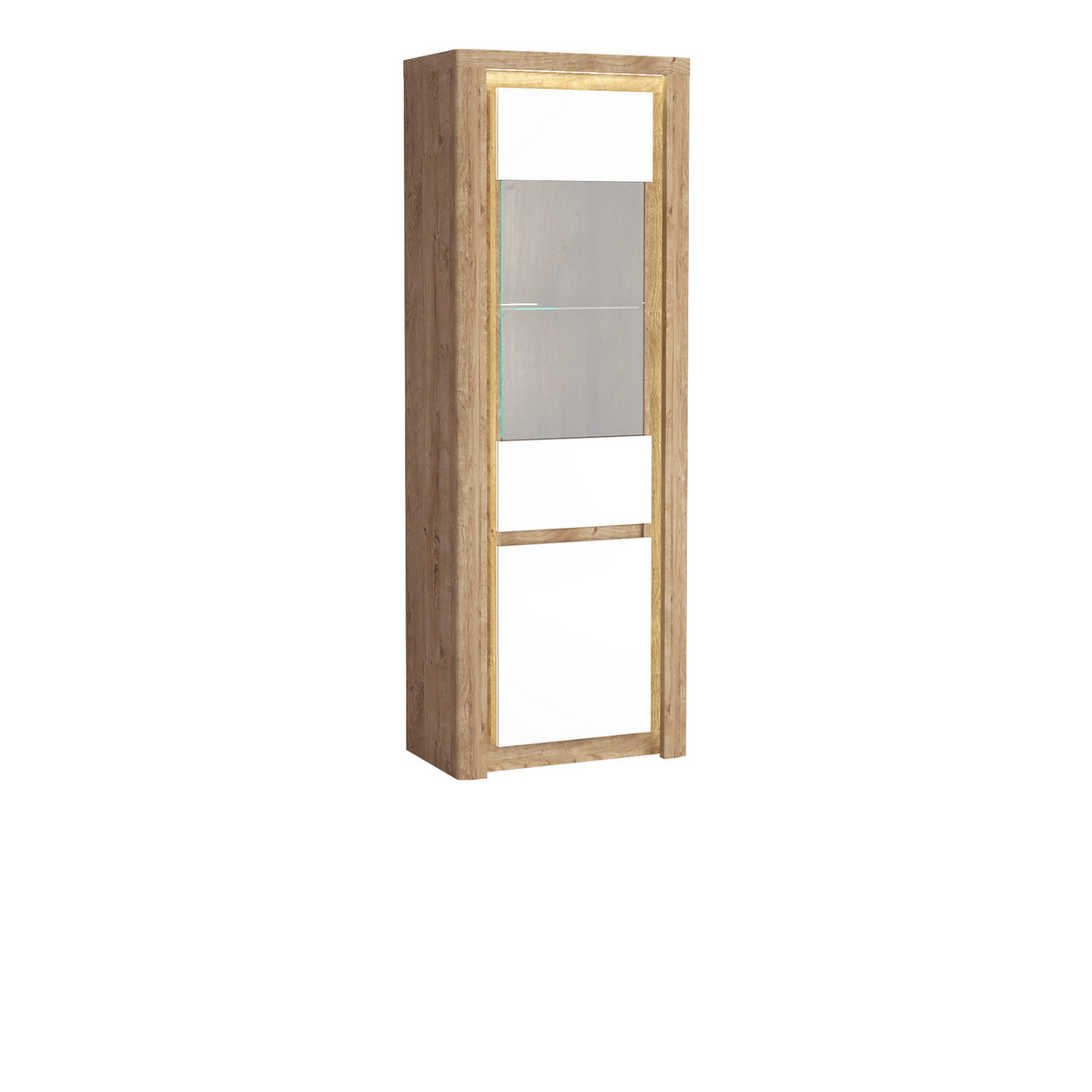 MERUNEO Vitrine 70,5 cm – Ribbeck / Weiß Hochglanz-Dekor – Ansicht mit eingeschalteter LED-Beleuchtung